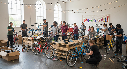 Volunteers assembling bicycles under a Wheels for All banner
